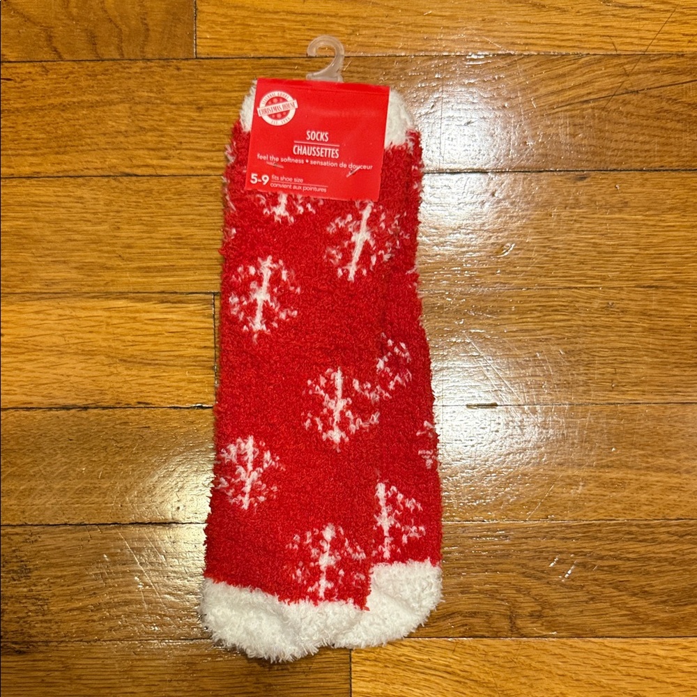 Festive Red and White Snowflake Socks